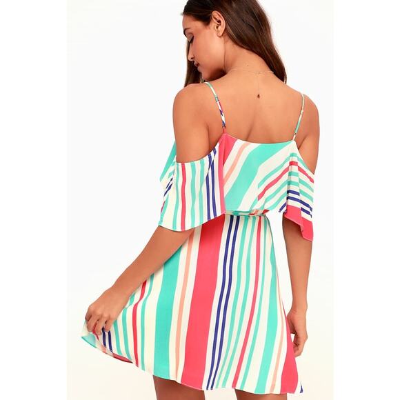 Lulu’s Women’s‎ Caliente Multi Striped Off-the-Shoulder Wrap Dress Size M NWT - Picture 2 of 10